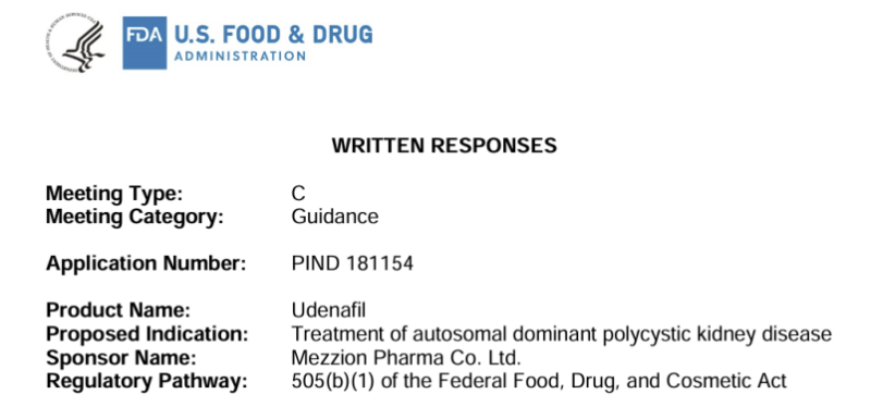 메지온의 유데나필 ADPKD 치료제 개발과 관련한 미국 FDA Type-C 미팅 서면 답변 문서. (제공=메지온)
