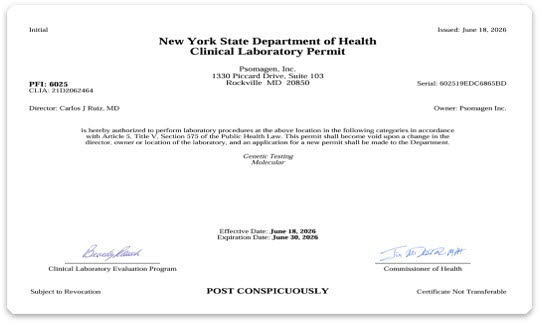 소마젠이 미국 뉴욕주 보건부(New York State Department of Health)로부터 취득한 ‘분자 유전학 검사’(Molecular Genetic Testing) 분야 임상검사실 인증서. (제공=소마젠)