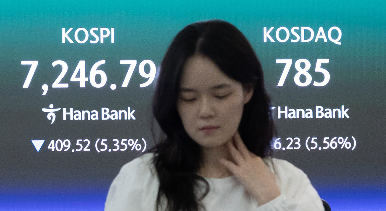 8일 오후 서울 중구 하나은행 딜링룸 전광판에 종가가 나오고 있다. (사진=뉴스1)