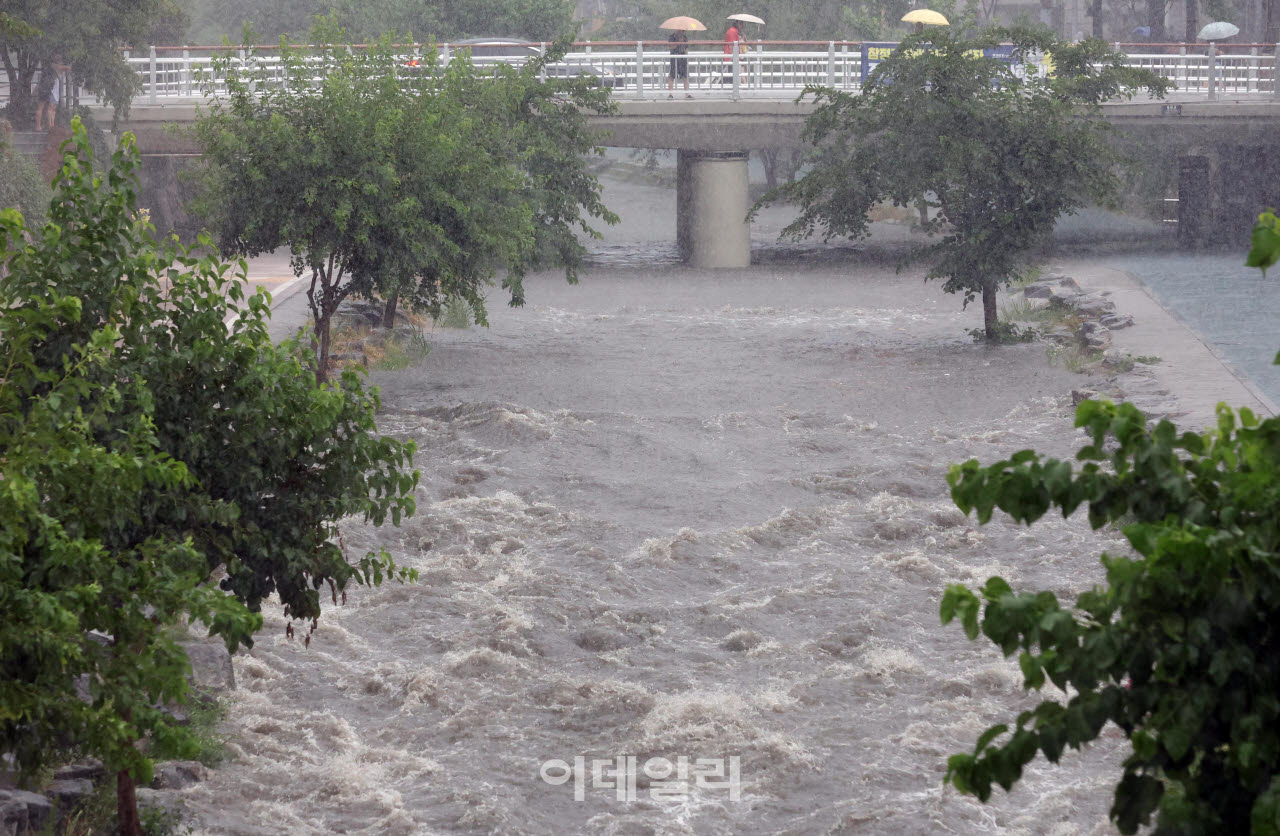 지난 5일 오후 서울 성북구 성북천이 갑자기 내린 폭우에 불어나 거센 물살로 흐르고 있다. (사진=노진환 기자)
