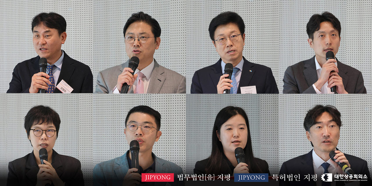 윗줄 왼쪽부터 시계방향으로 법무법인 지평기술센터장 김범희 변호사, 이행규 지평 대표변호사, 박양수 대한상의 경제연구원장, 윤태웅 한국투자증권 IB그룹 IB1본부 이사, 이건철 특허법인 지평 대표변리사, 고효정 지평 변호사, 홍승환 삼일회계법인 파트너, 김윤선 특허법인 지평 변리사.(사진=지평)