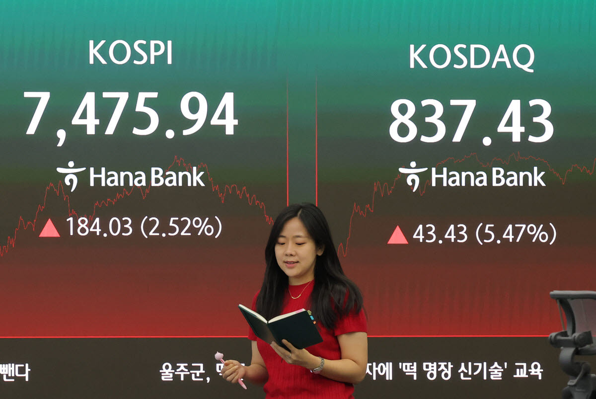 코스피가 전장보다 184.03p(2.52%) 오른 7475.94로 마감한 지난 10일 오후 서울 중구 하나은행 딜링룸에 이날 지수가 표시되고 있다. (사진=연합뉴스)