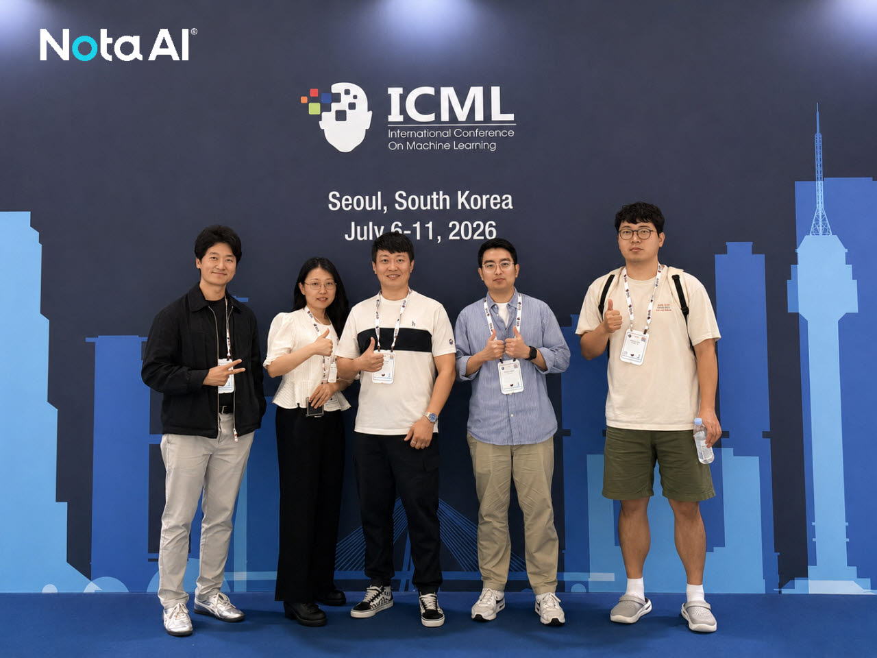 김태호(좌측 첫쨰) CTO 겸 공동창업자와 연구진들이 ICML 2026 챌린지서 3위를 차지한 후 기념촬영을 하고 있다(사진=노타)