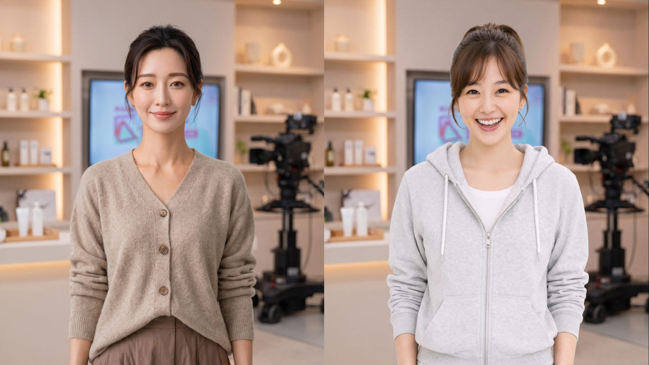 공영홈쇼핑의 AI 모델 공영희(왼쪽)와 영언니의 모습이다.(사진=공영홈쇼핑)