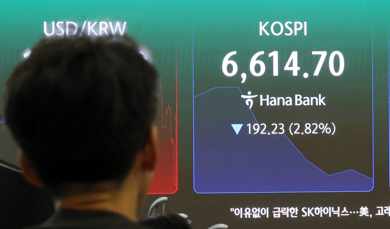 14일 오전 서울 중구 하나은행 딜링룸에서 딜러들이 업무를 하고 있다. 코스피가 전일보다 37.87포인트(0.56%) 내린 6769.06 개장했지만 장중 6700선이 무너졌다. (사진=뉴시스)