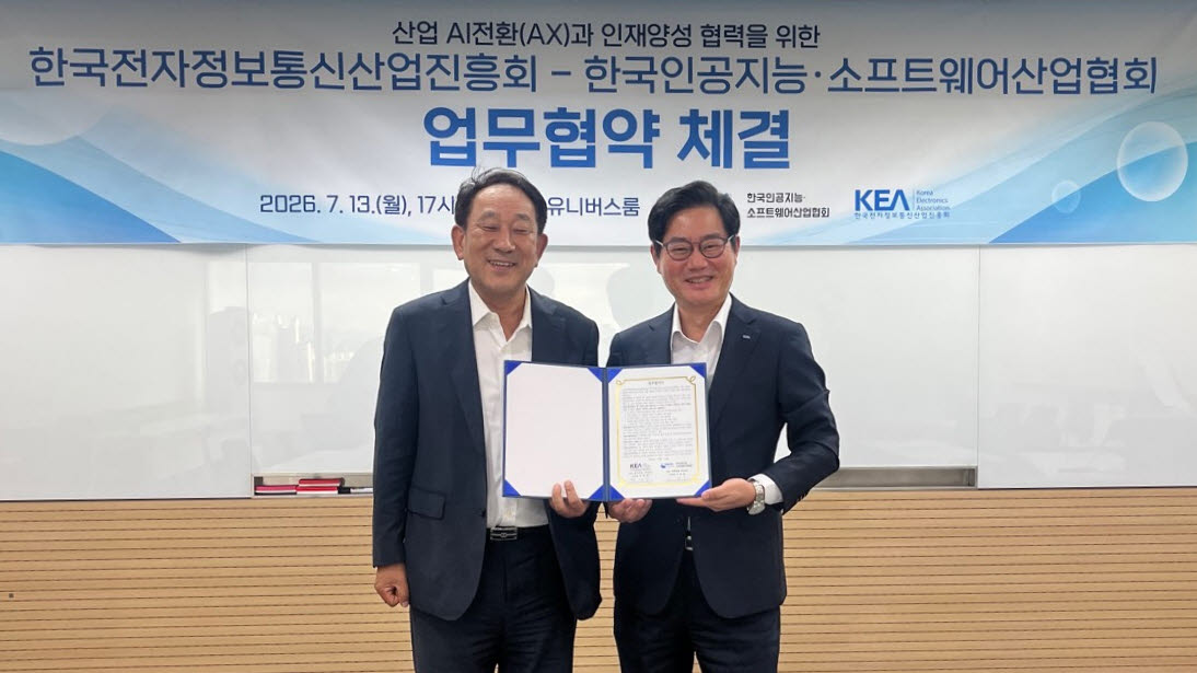 서성일 KOSA 상근부회장(왼쪽)과 박재영 KEA 상근부회장(오른쪽)이 기념 사진을 찍고 있다. (사진=한국인공지능·소프트웨어산업협회)