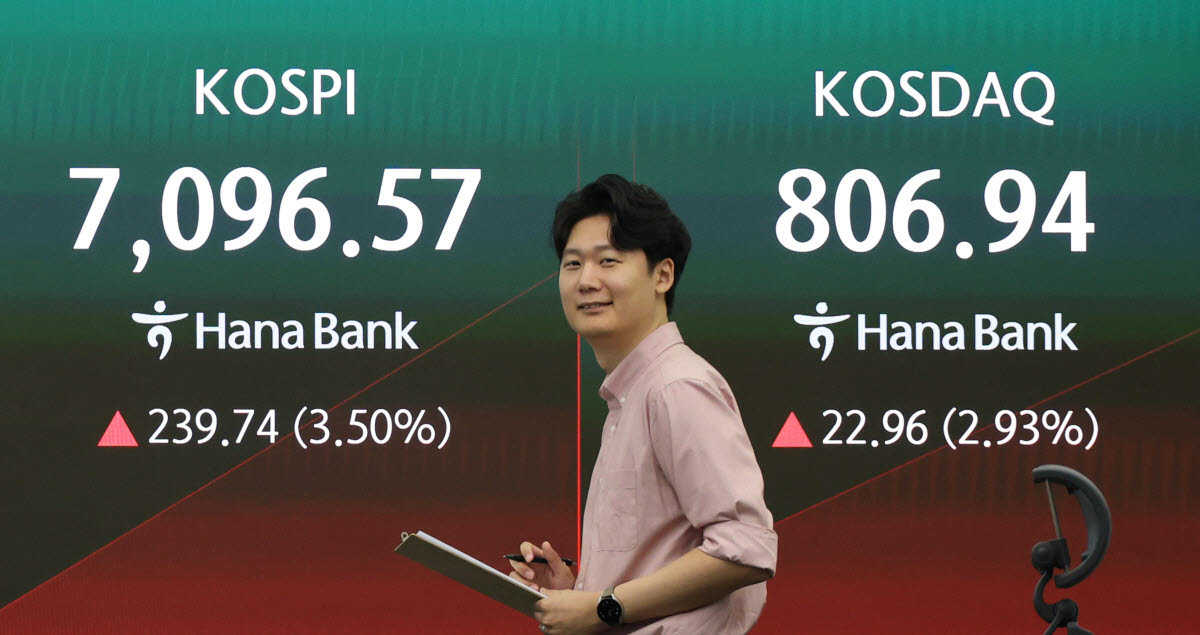 코스피가 7000선을 회복한 15일 서울 중구 하나은행 딜링룸 현황판에 코스피·코스닥 지수가 표시되고 있다. (사진=연합뉴스)
