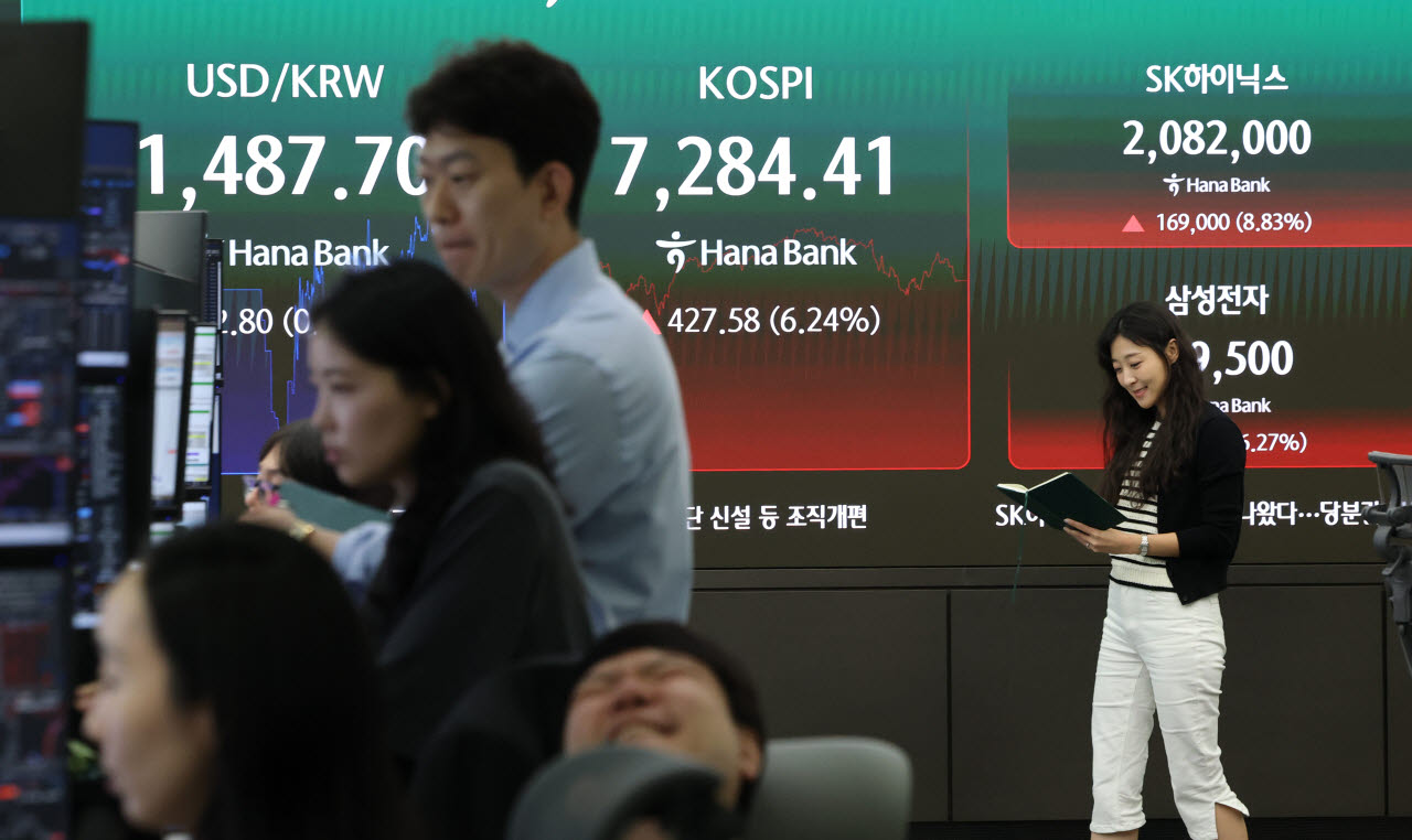 15일 서울 중구 하나은행 딜링룸에서 직원이 업무를 보고 있다. (사진=연합뉴스)