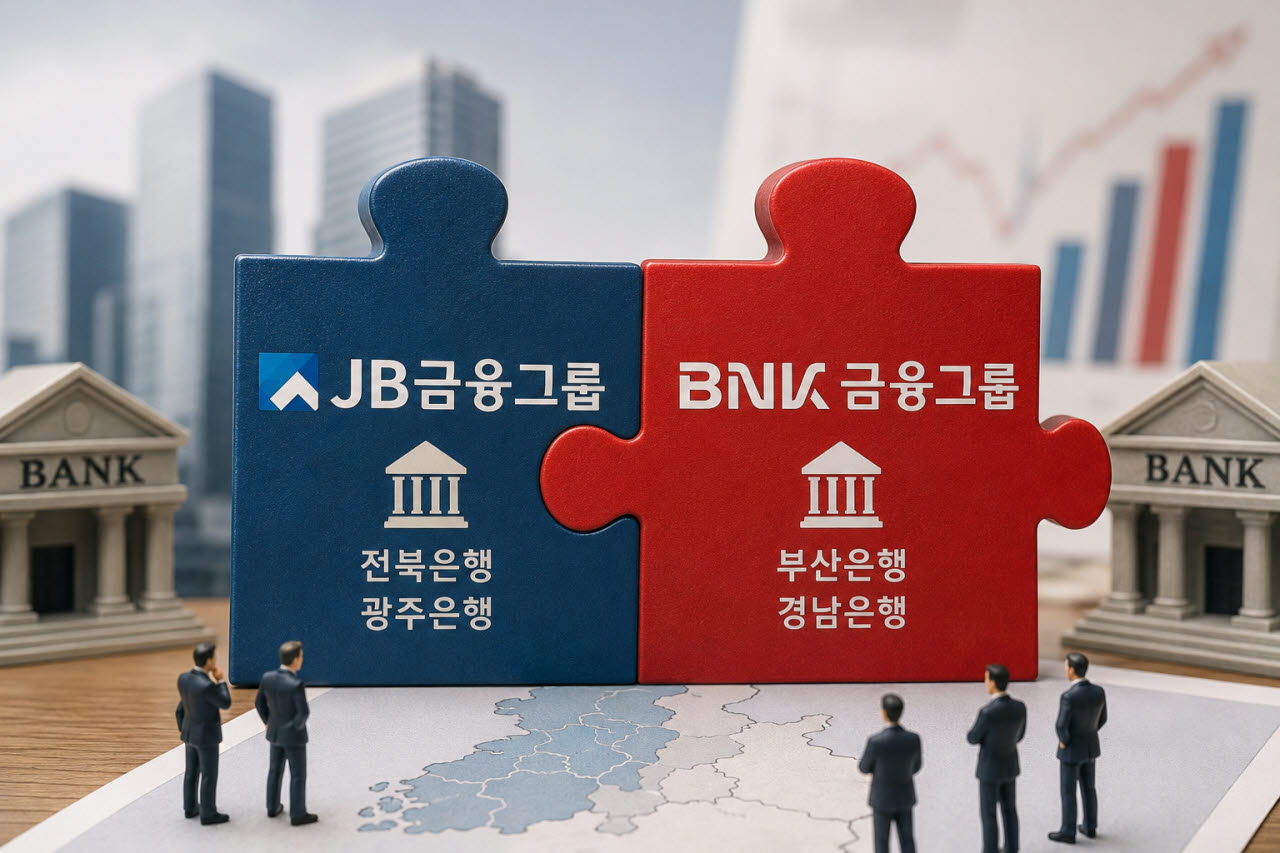 영·호남을 대표하는 BNK금융그룹과 JB금융그룹을 통합해야 한다는 주장이 나온 가운데 지역금융 위축을 우려하는 목소리가 커지고 있다.(사진=챗GPT)