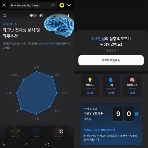 타이트사주에서 '커리어사주'를 봐보니 현재 직무와 궁합점수 등이 포함된 심층리포트를 만들어준다.