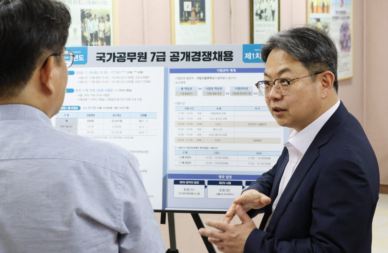 김성훈 인사혁신처 차장이 16일 서울 용산구 국립서울맹학교를 찾아 국가공무원 1차 필기 시험 준비상황을 점검하고 있다. (사진=인사혁신처제공)