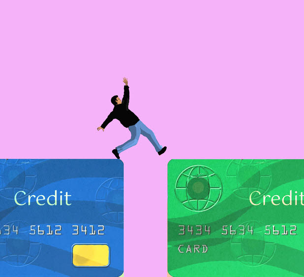 Illustration of a person jumping between two credit cards symbolizing financial instability