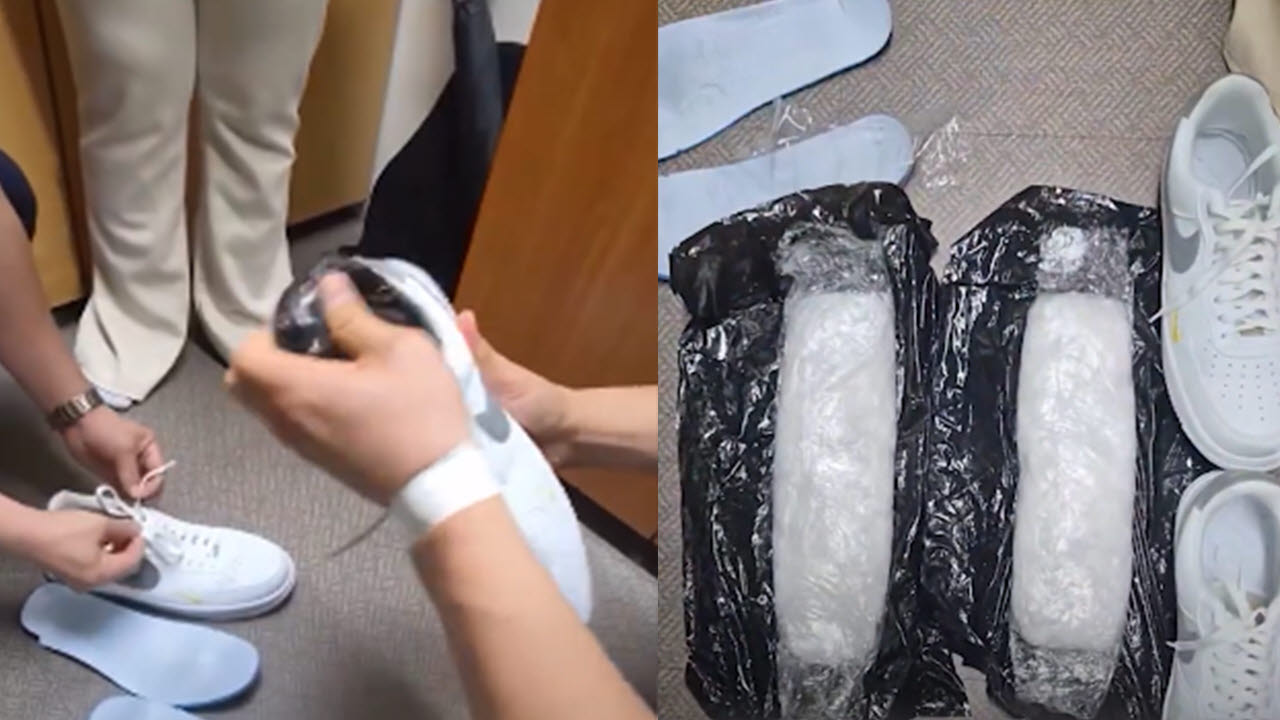 말레이시아 국적 여성 운동화 양쪽 밑창에서 발견된 필로폰 총 1㎏. (사진=MBC 보도 캡쳐)