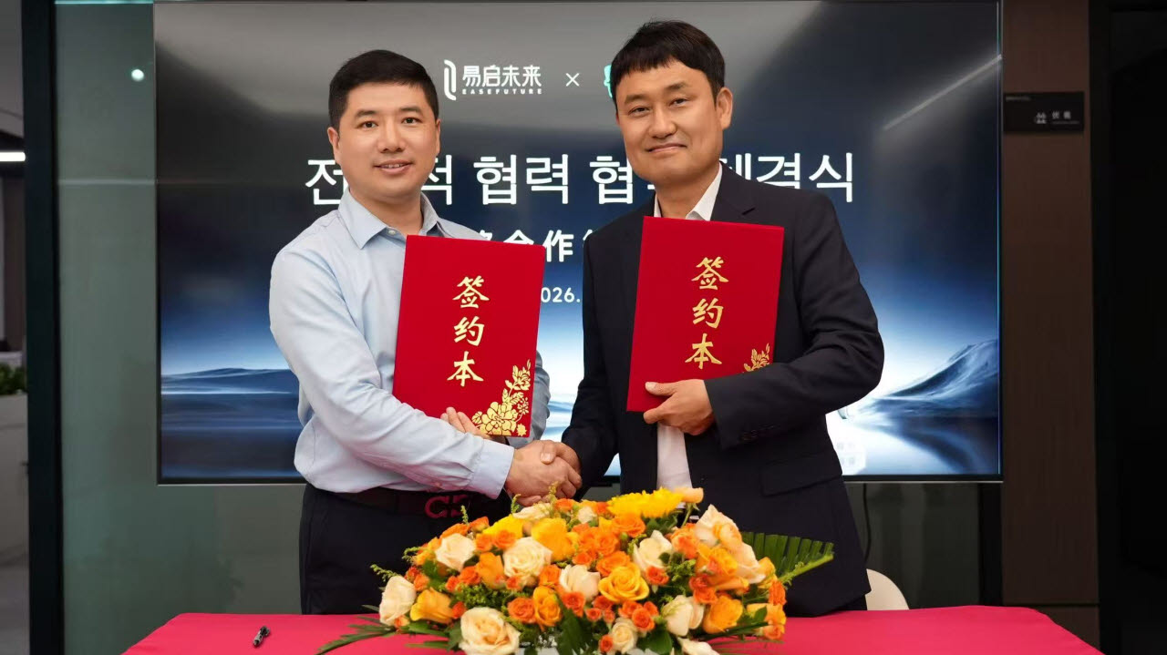 지난 17일 중국 항저우 이치웨이라이 본사에서 김득명(오른쪽) 손오공 회장과 위즈융 이치웨이라이 최고경영자가 기념촬영을 하고 있다. (사진=손오공)