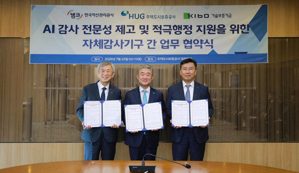 이명원(가운데) HUG 상근감사위원과 유철근 기술보증기금 상임감사, 박성현 한국자산관리공사 상임감사가 지난 22일 'AI 감사 전문성 제고 및 적극행정 지원을 위한 감사업무 교류 및 지원 협약'을 체결한 뒤 기념촬영을 하고 있다. (사진=HUG)