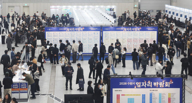 지난 9일 경기도 수원시 영통구 수원컨벤션센터에서 열린 '2026 수원시 일자리 박람회'가 구직자들로 붐비고 있다.(사진=연합뉴스)