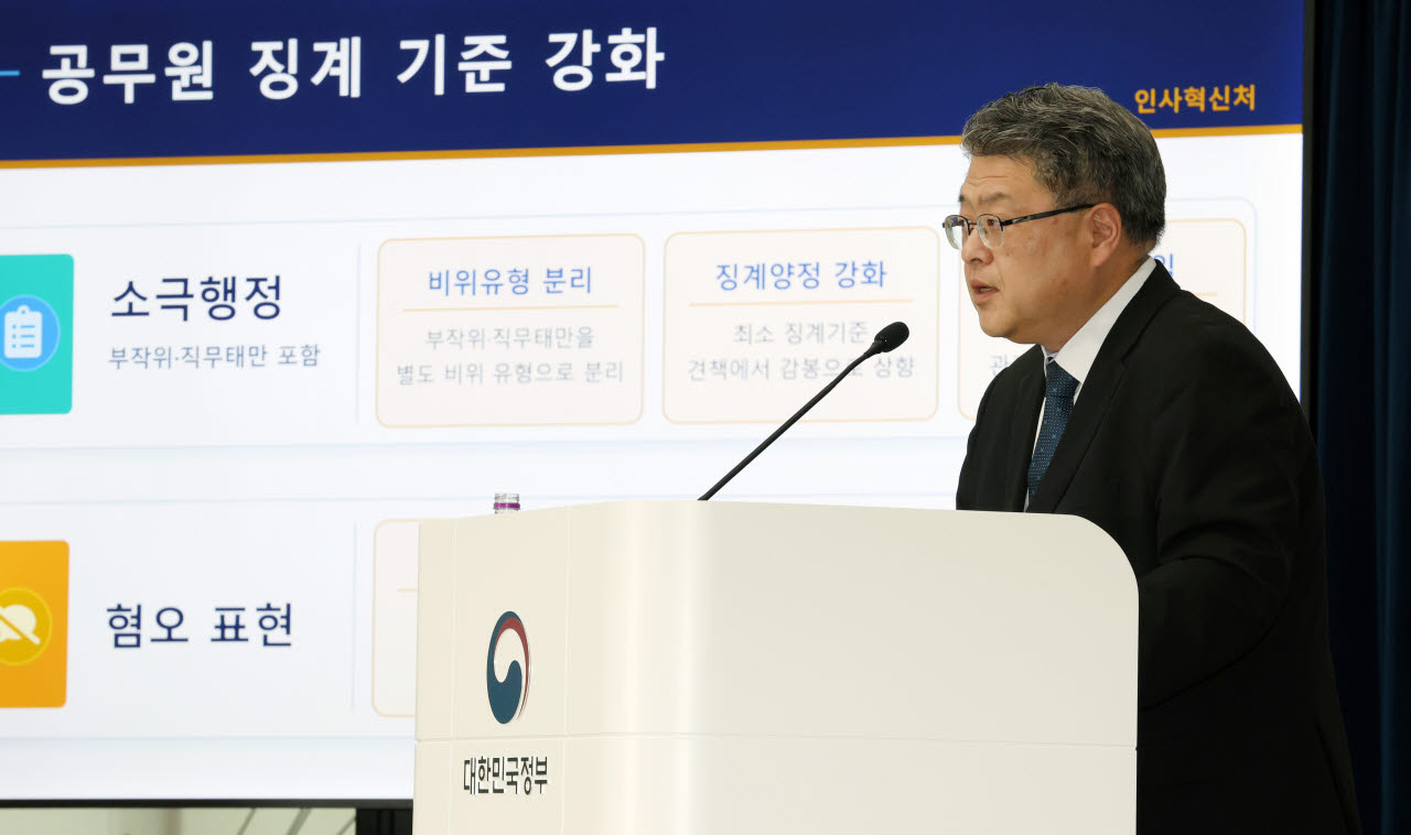 천지윤 인사혁신처 윤리복무국장이 23일 세종시 정부세종청사에서 열린 '공무원 징계령 시행규칙' 개정안 관련 입법예고 브리핑에서 소극행정 징계 강화 등 주요 내용을 설명하고 있다.(사진=인사혁신처)