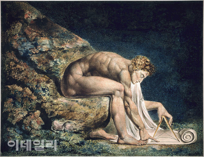 윌리엄 블레이크의 ‘뉴턴’(1795). 깊은 바닷속 근육질 몸을 가진 청년 ‘뉴턴’이 컴퍼스를 들고 도형 그리기에 푹 빠져 있다. 작품명이나 이미지로는 아이작 뉴턴(1643∼1727)을 예찬한 듯하지만 사실 정반대다. 18세기 시대정신이던 계몽주의에 반기를 들고 이성과 과학에 대해 통렬하게 비판했다. 뉴턴이 컴퍼스 그리기에 집중한 나머지 주변의 자연이나 신비한 세계를 전혀 보지 못하고 있다는 것이다. 수치와 법칙뿐인 ‘측정’에만 매달리다 보면 인간의 본질이라 할 상상력·직관 등의 가치를 잃게 된다는 강한 믿음을 판화로 새기고 찍었다. 펜·잉크·수채화 사용 모노타입 판화, 46×60㎝. 테이트브리튼미술관(영국 런던) 소장.