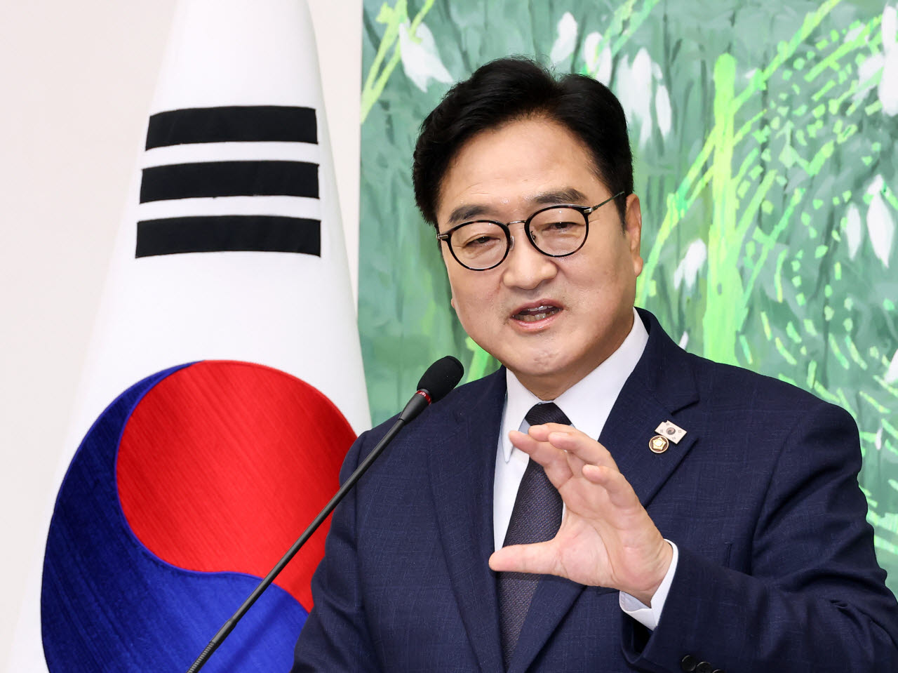 우원식 국회의장이 지난 5월 28일 제22대 국회 전반기 의장 임기 종료를 하루 앞둔 28일 국회에서 열린 퇴임 기자회견에서 소회를 밝히고 있다.(사진=연합뉴스)