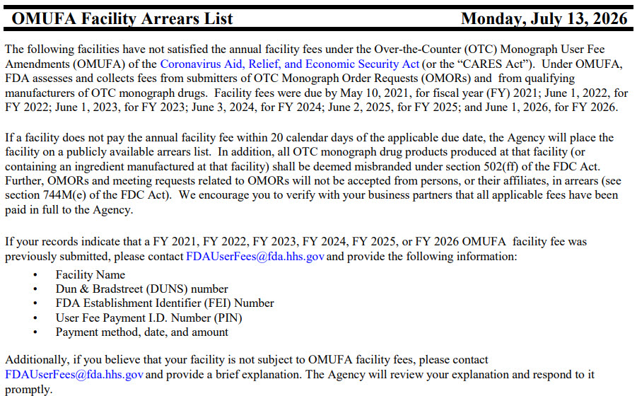 미국 식품의약국(FDA)이 13일 공개한 ‘OTC 모노그래프 사용자 수수료 시설 체납 명단’ 일부. (출처= 미국 FDA)