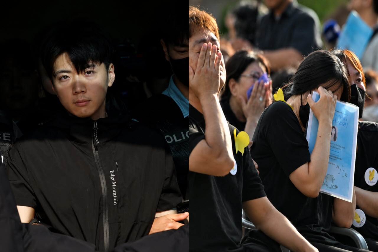 (왼쪽부터) 지난 14일 오전 광주 서부경찰서에서 검찰에 송치되고 있는 장윤기. 지난 21일 오후 고(故) 이채원 양의 49재 추모식에 참여해 오열하고 있는 이 양의 유가족들. (사진=뉴스1, 뉴시스)
