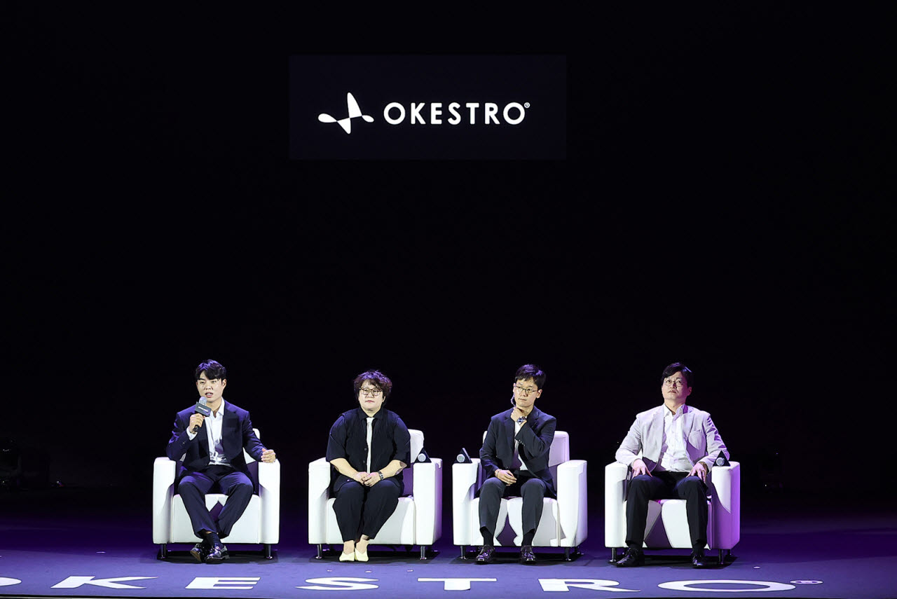 (왼쪽부터) 28일 코엑스 오디토리움에서 열린 'OPUS 2026' 기자간담회에서 김영광 오케스트로 CTO, 박소아 오케스트로 클라우드 대표, 박수환 오케스트로 CFO, 서영석 오케스트로 부사장이 질문에 답변하고 있다. (사진=오케스트로)
