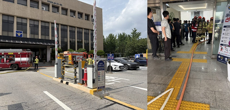 서울 도봉경찰서 1층 여자화장실에서 화재가 발생해 소방당국에 진화에 나섰다. (사진= 석지헌 기자)