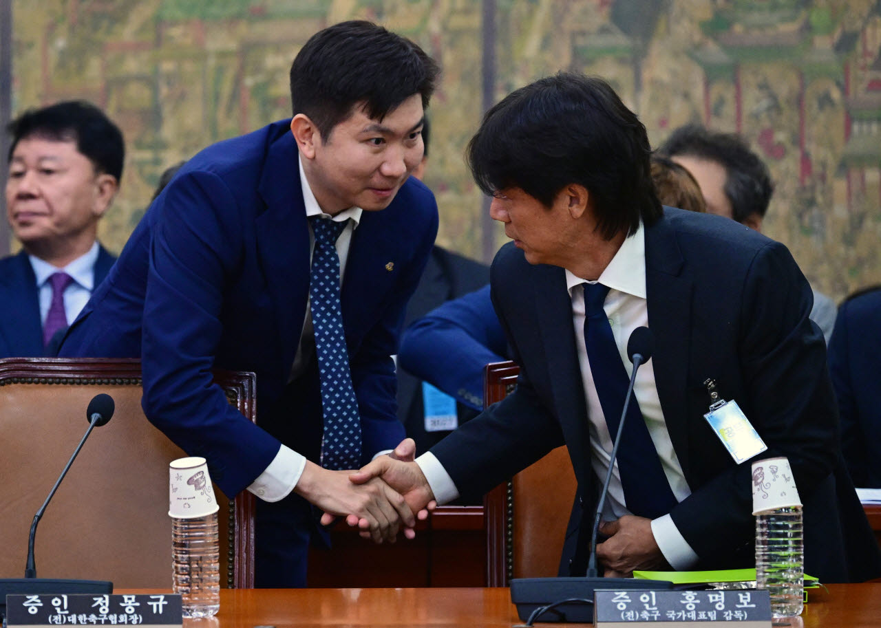 [이데일리 방인권 기자] 유승민 대한체육회장과 홍명보 전 축구대표팀 감독이 30일 국회 문화체육관광위원회에서 열린 대한축구협회 현안 관련 청문회에서 출석해 인사를 나누고 있다.