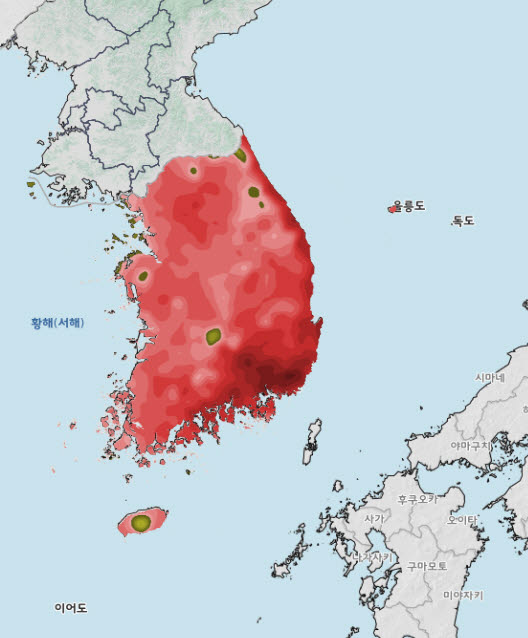 지난 29일 일 최고기온을 전국 단위 위성 사진으로 나타낸 모습이다. (사진=기상청 위성영상)