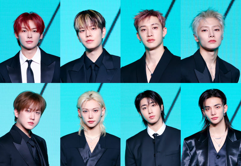 왼쪽 위부터 시계방향으로 리노, 승민, 방찬, 아이엔, 현진, 한, 필릭스, 창빈.(사진=JYP엔터테인먼트)