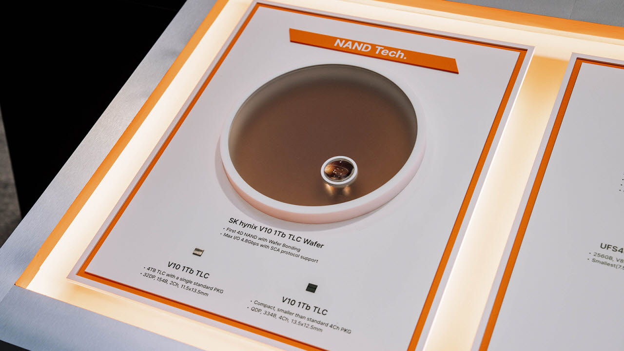 SK하이닉스의 ‘375단 NAND Wafer’와 ‘375단 1Tb TLC 154B 32DP’와 ‘375단 1Tb TLC 334B QDP’. (사진=SK하이닉스)