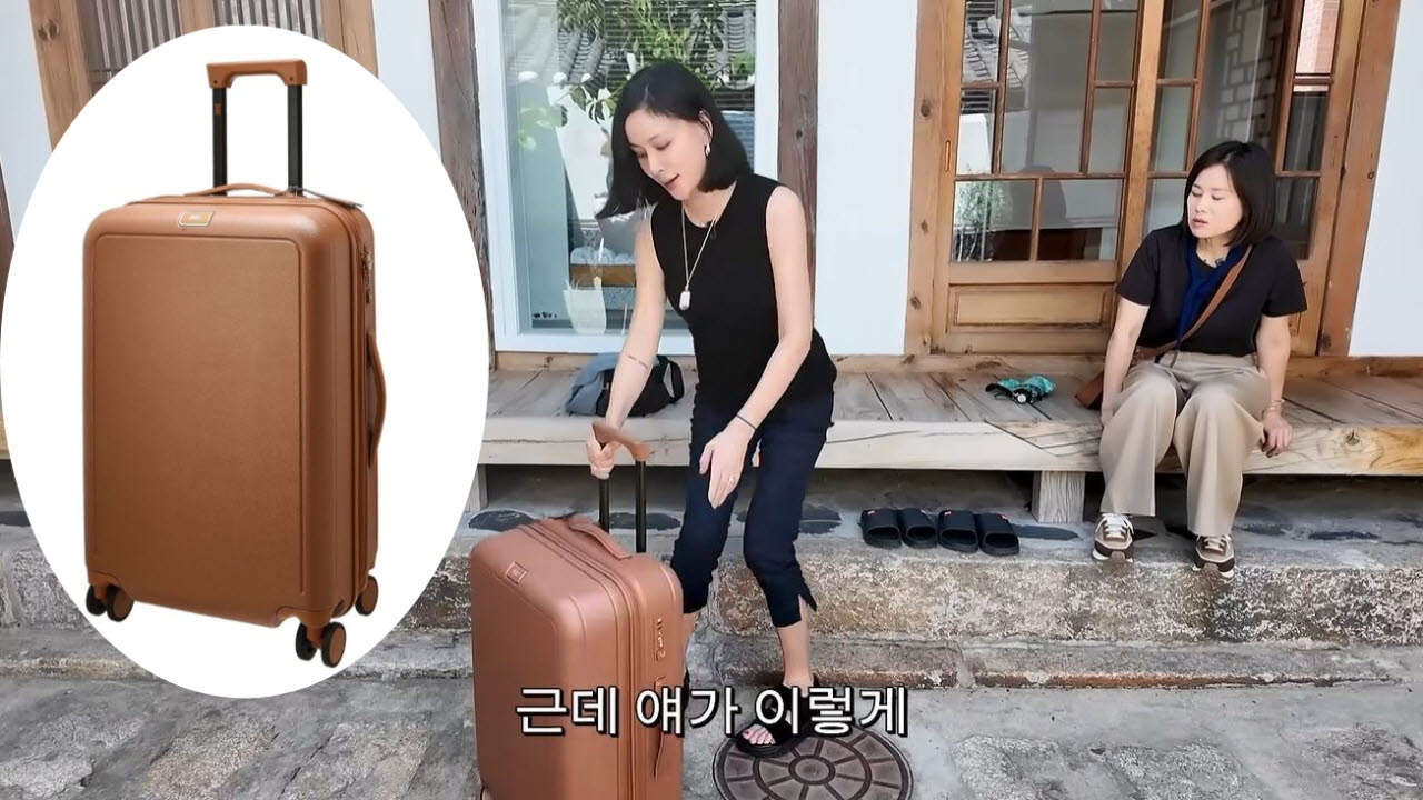 고소영이 브라운 캐리어를 소개하는 모습과 해당 닥스 제품 이미지. (사진=고소영 개인 유튜브 채널·LF몰 캡처)