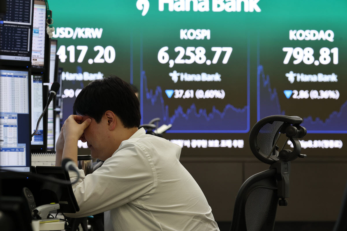 7일 서울 하나은행 본점 딜링룸에서 딜러들이 업무를 보고 있다. 이날 코스피는 전장보다 37.61포인트(0.60%) 내린 6258.77에 장을 마쳤다. (사진=연합뉴스)