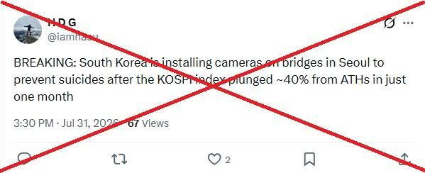 AFP가 밝힌 왜곡된 정보를 담은 X 게시물. 해당 게시물에는 “한국 당국이 코스피 지수가 폭락한 뒤 자살을 막기 위해 서울의 다리에 카메라를 설치하고 있다”는 내용이 담겼다. (사진=AFP 보도화면 캡처)