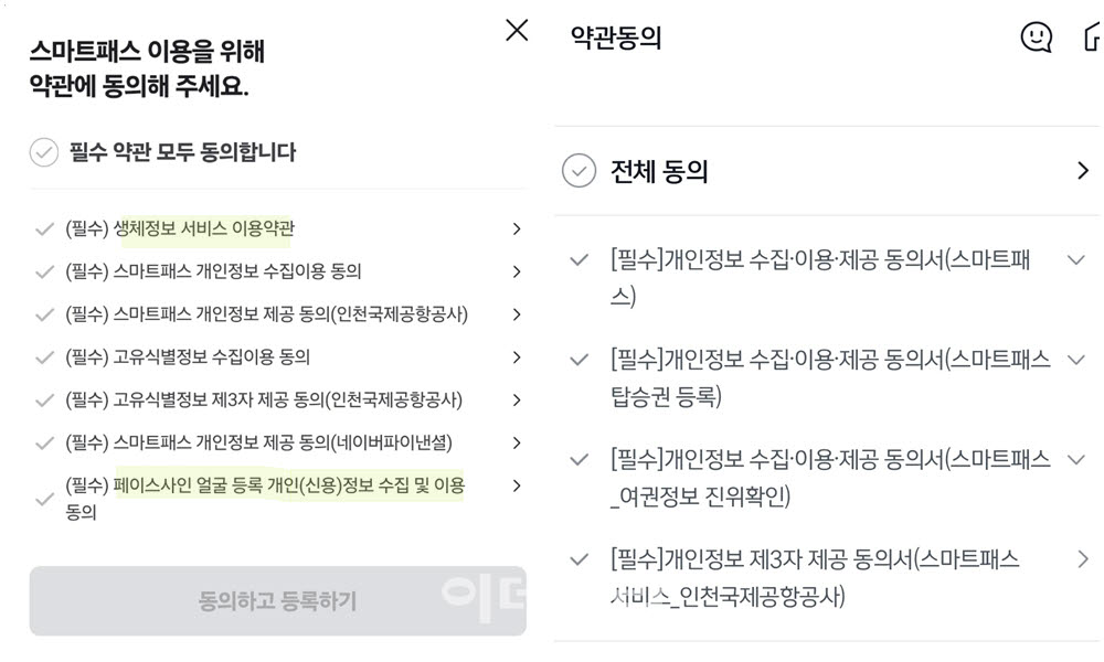 좌측은 네이버페이의 스마트패스 필수 동의, 우측은 금융사 앱의 필수 동의 영역(사진=윤정훈 기자)