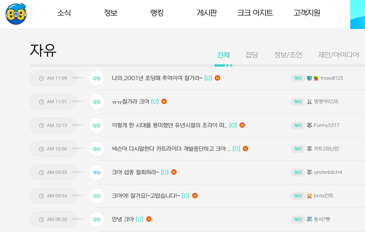 서비스 종료 하루전인 12일 크레이지아케이드 홈페이지 자유게시판에는 아쉬움을 드러내는 이용자들의 게시글이 이어지고 있다. (사진=크레이지아케이드 자유게시판 갈무리)
