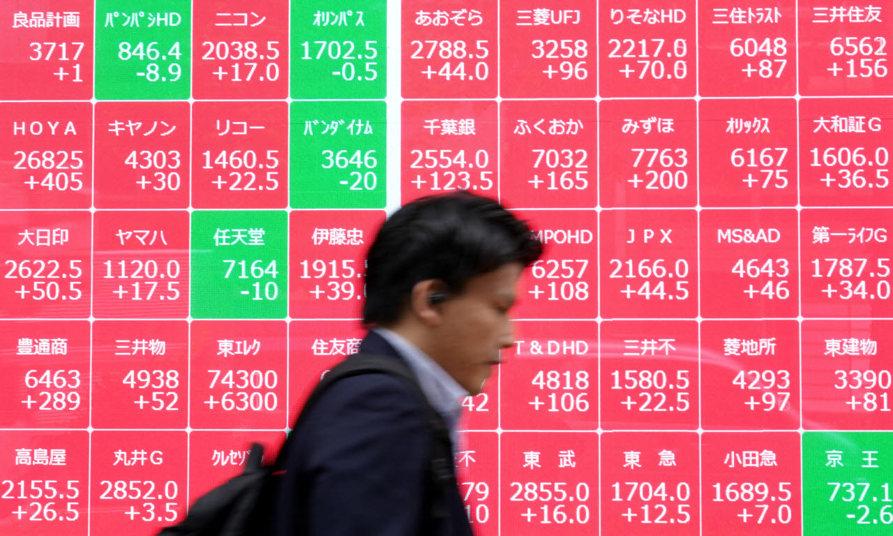 일본 도쿄증권거래소 앞 전광판에 닛케이225지수가 표시되고 있다. (사진=AFP)