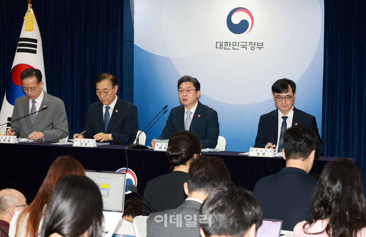 이억원 금융위원장이 13일 서울 종로구 정부서울청사에서 열린 전월세 및 매매시장 안정을 위한 주택 신속공급 방안 및 부동산 시장 안정을 위한 금융 종합대책에서 발표를 하고 있다. 왼쪽부터 이형일 재정경제부 1차관, 김윤덕 국토부 장관, 이억원 금융위원장, 임기근 국무조정실장.(사진=방인권 기자)