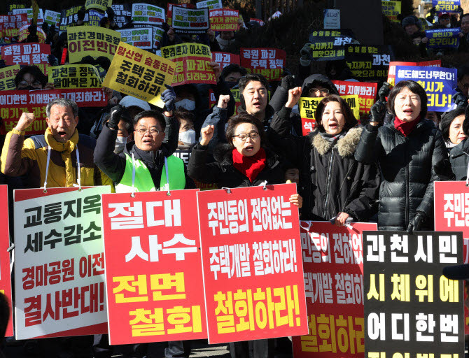 지난 2월 7일 경기도 과천시 중앙공원에서 경마공원이전반대비상대책위원회가 연 과천 사수 범시민 총궐기 대회에 참가한 과천 시민과 마사회 직원 등이 정부가 발표한 ‘도심 주택공급 확대 방안’에 반대하는 구호를 외치고 있다.(사진=연합뉴스)