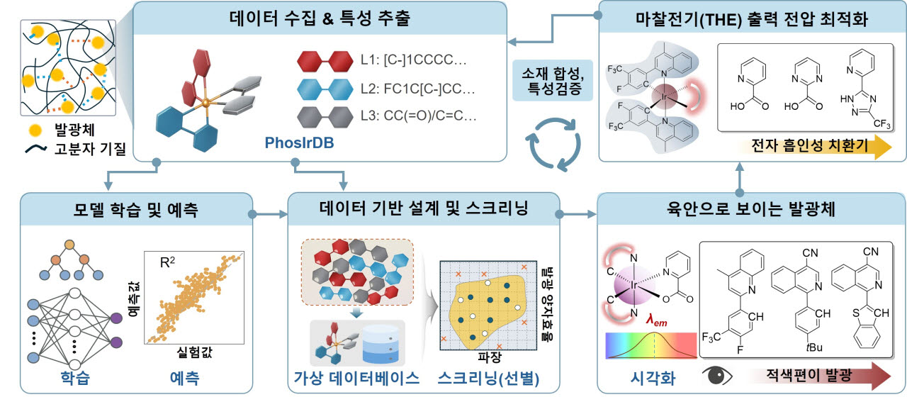 AI 기반 발광·마찰전기 분자 예측 및 검증 과정. 이리듐(III) 착물 발광 데이터 1,667건으로 구축한 PhosIrDB를 학습한 머신러닝 모델이 27만 2,104개 가상 후보 분자의 발광 색과 효율을 예측해, 사람 눈에 잘 보이면서 마찰전기 출력이 우수한 최종 분자(Ir1b)를 도출하는 과정. (사진=연세대학교 김상우 교수)