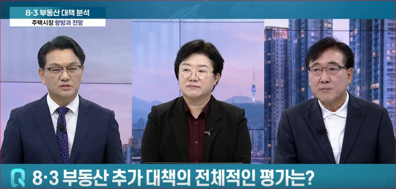 [사진=어쨌든경제 방송 캡쳐] 한문도 서울디지털대 교수(사진 우측 첫번째), 함영진 우리은행 부동산리서치랩장(사진 중간)이 7일 진행된 '어쨌든 경제' 방송에서 유은길 앵커(사진 좌측 첫번째)의 질문을 듣고 있다.