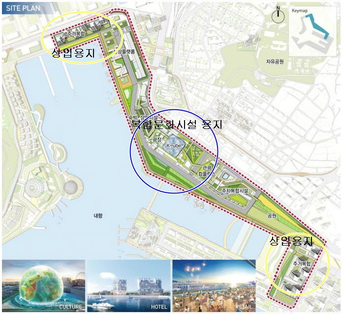 인천 내항 1·8부두 재개발 건축계획도. 파란색 선 부근이 복합문화시설 용지이고 양쪽 노란색 선 부근이 상업용지이다. (자료 = 인천시 제물포마스터플랜 중 캡처)