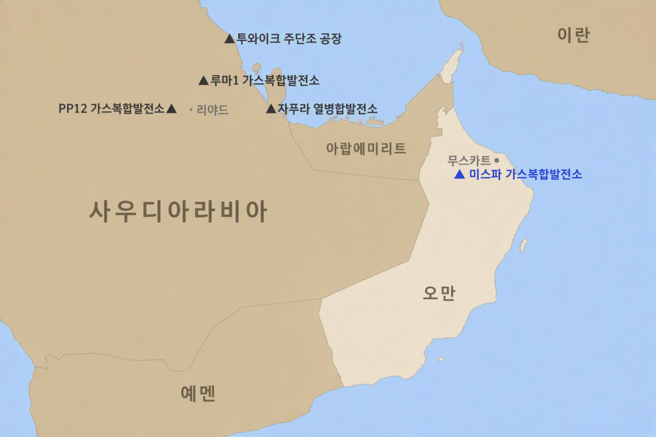 두산에너빌리티가 건설공사 계약을 체결한 오만 미스파 가스복합발전소 위치.(사진=두산에너빌리티 제공)