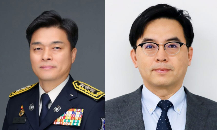 최용철 신임 소방청장(왼쪽)과 박정성 산업통상부 통상교섭본부장(사진=청와대)