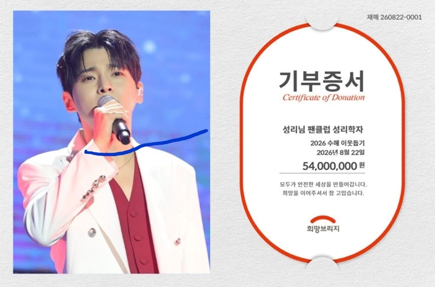 성리 팬클럽 '성리학자', 수재민 위해 5400만 원 전달