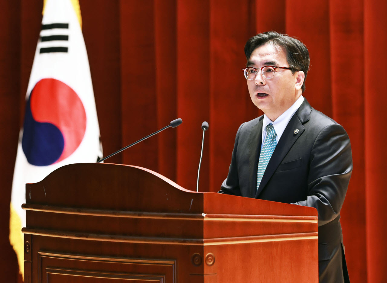 박정성 신임 산업통상부 통상교섭본부장이 24일 정부세종청사에서 열린 취임식에서 인사말을 하고 있다. (사진=산업부)