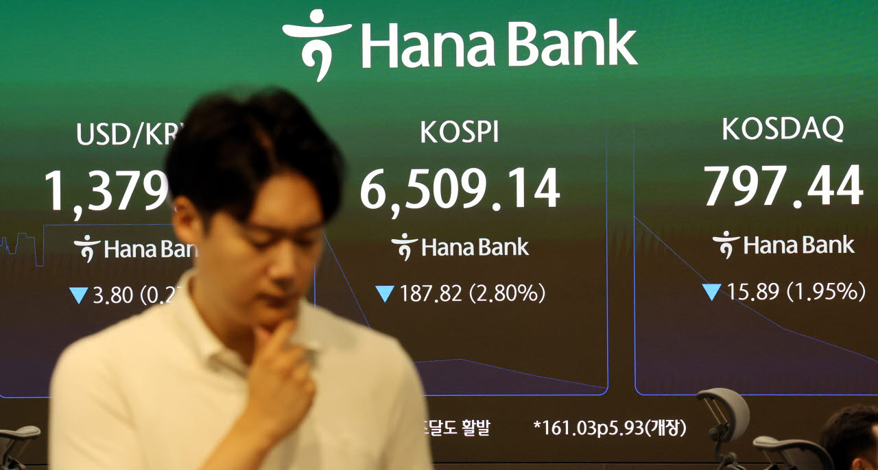 코스피가 전 거래일보다 2.40% 내린 6535.93에 장을 시작한 25일 오전 서울 중구 하나은행 본점 딜링룸에서 딜러들이 업무를 보고 있다. (사진=뉴시스)