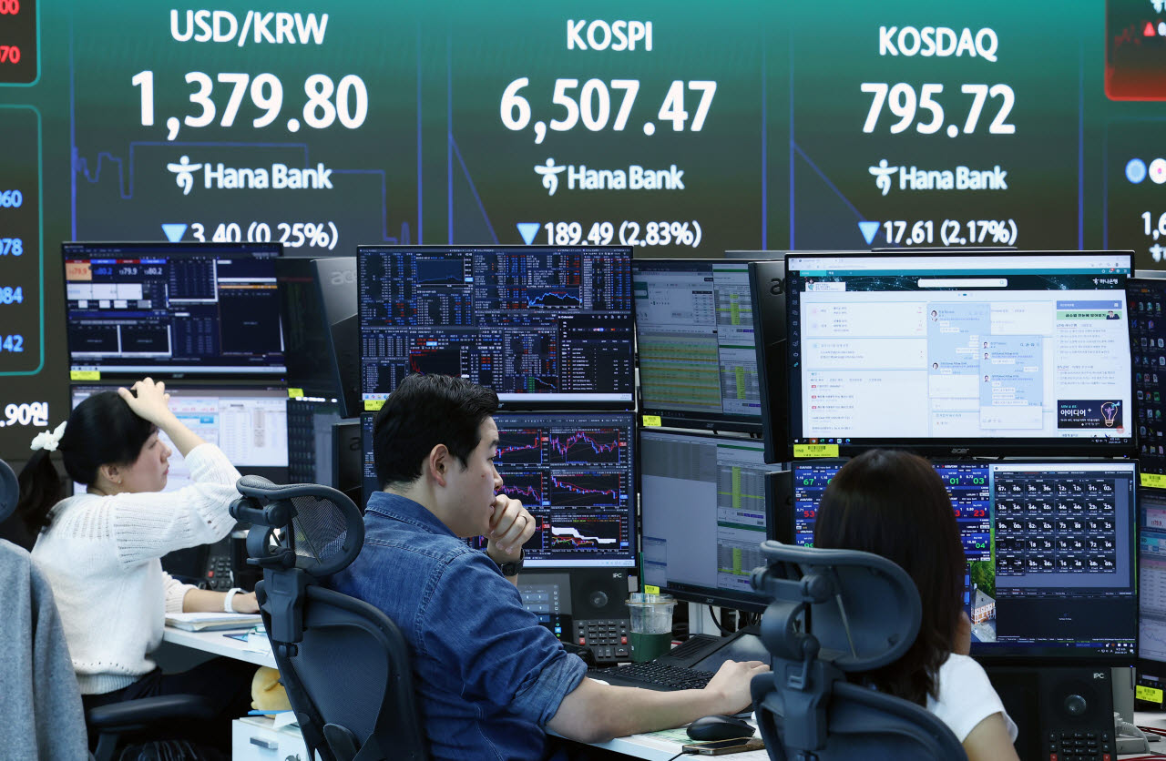 25일 오전 서울 중구 하나은행 본점 딜링룸 전광판에서 딜러들이 업무를 보고 있다.코스피는 전장 대비 161.03포인트(2.40%) 하락한 6535.93, 코스닥은 전 거래일보다 6.40포인트(0.79%) 내린 806.93으로 거래를 시작했다.(사진=뉴스1)