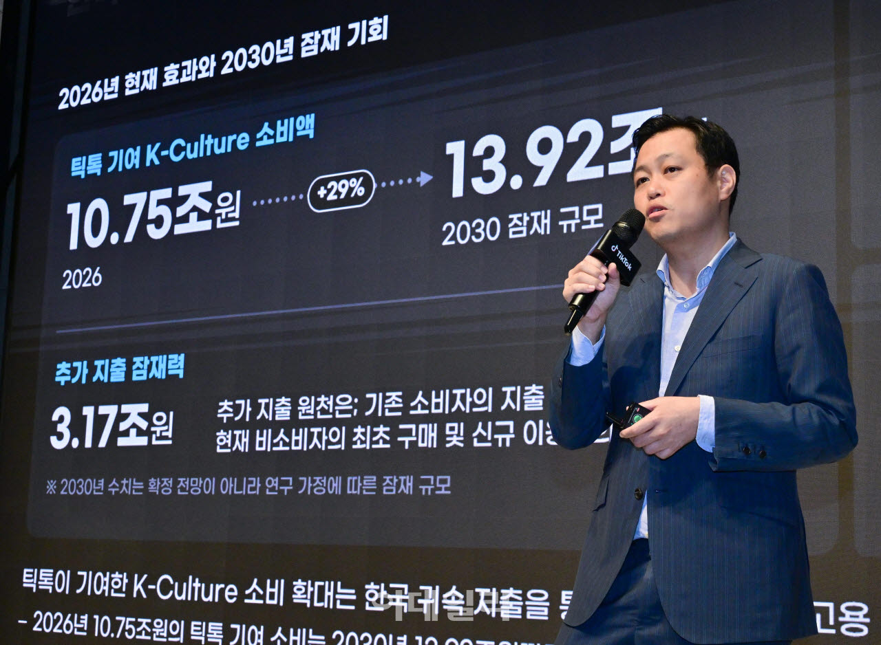 26일 엘리에나 호텔 서울강남에서 열린 'K-컬처 온 틱톡' 기자간담회에서 커니의 정태환 파트너가 'K-컬처 온 틱톡: 글로벌 경제효과를 견인하다' 리포트의 주요 내용을 발표하고 있다.(사진=틱톡)