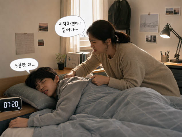 개학 첫 날 아이를 깨우는 부모의 모습. (AI 생성 이미지)